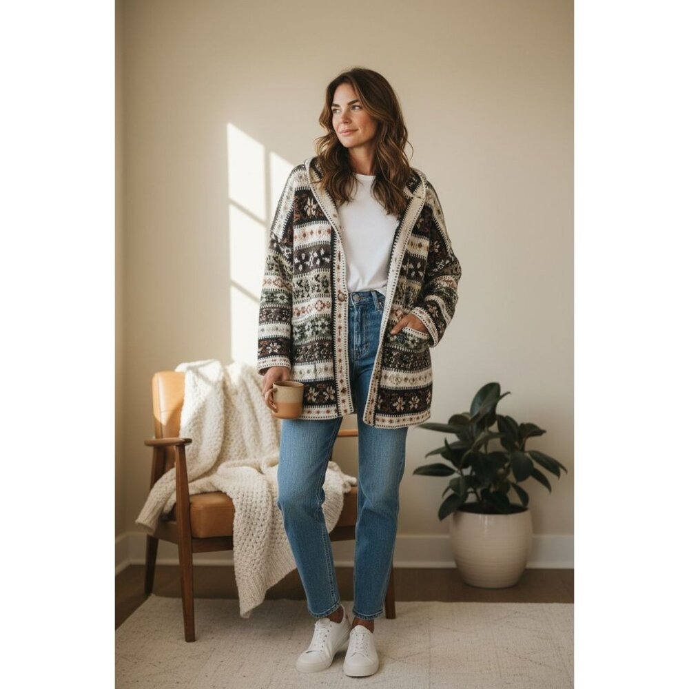 SML Sport LTD VTG Cardigan Coatigan Womens Large Fair Isle Scandinavian Boho